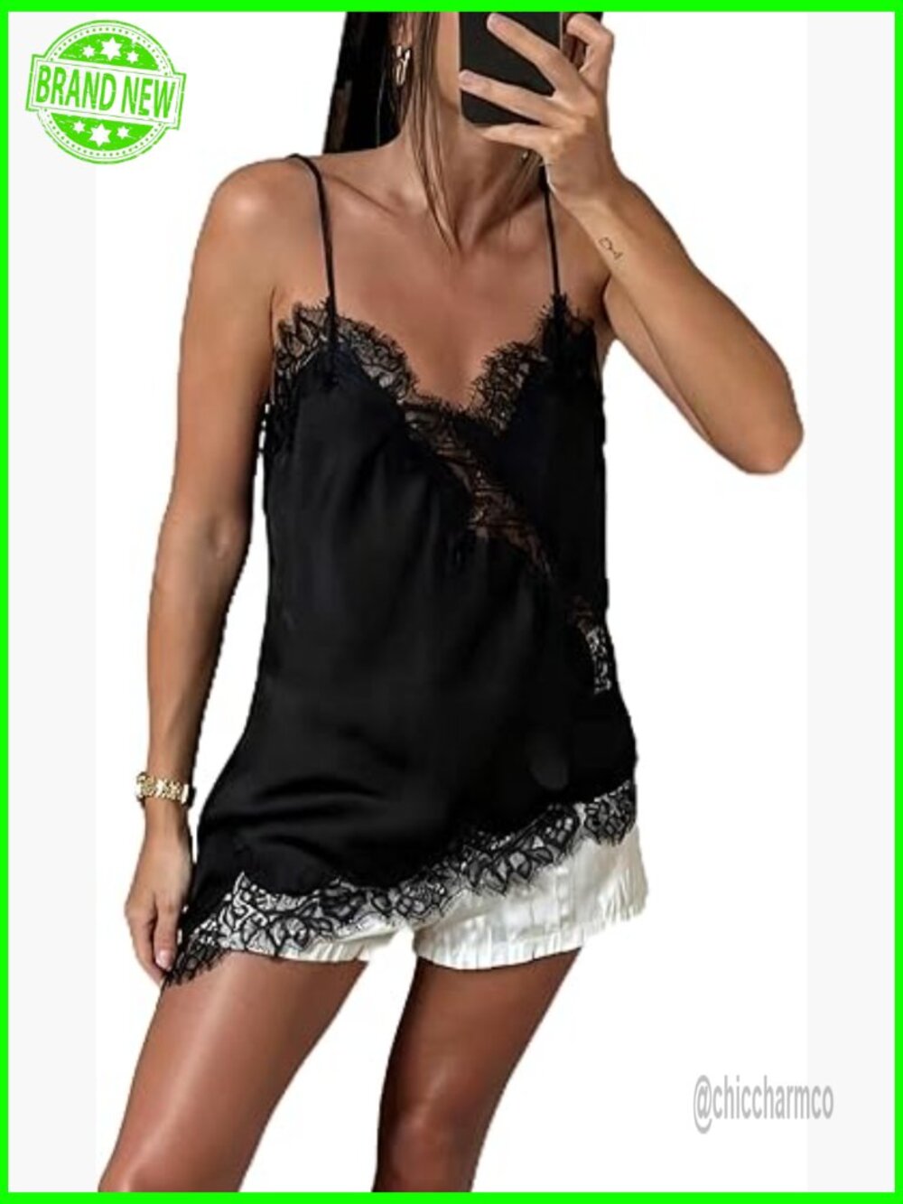 Lace Trim Satin Tank Top Halter Neck Silk Camisole Backless Cami